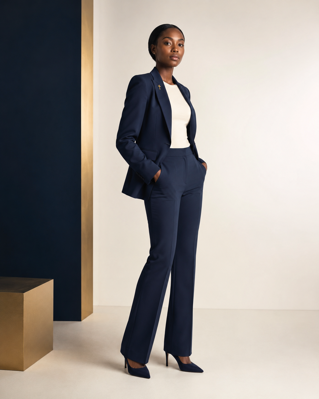 Modestly dressed aspiring model wearing a navy suit and a small gold cross pin
