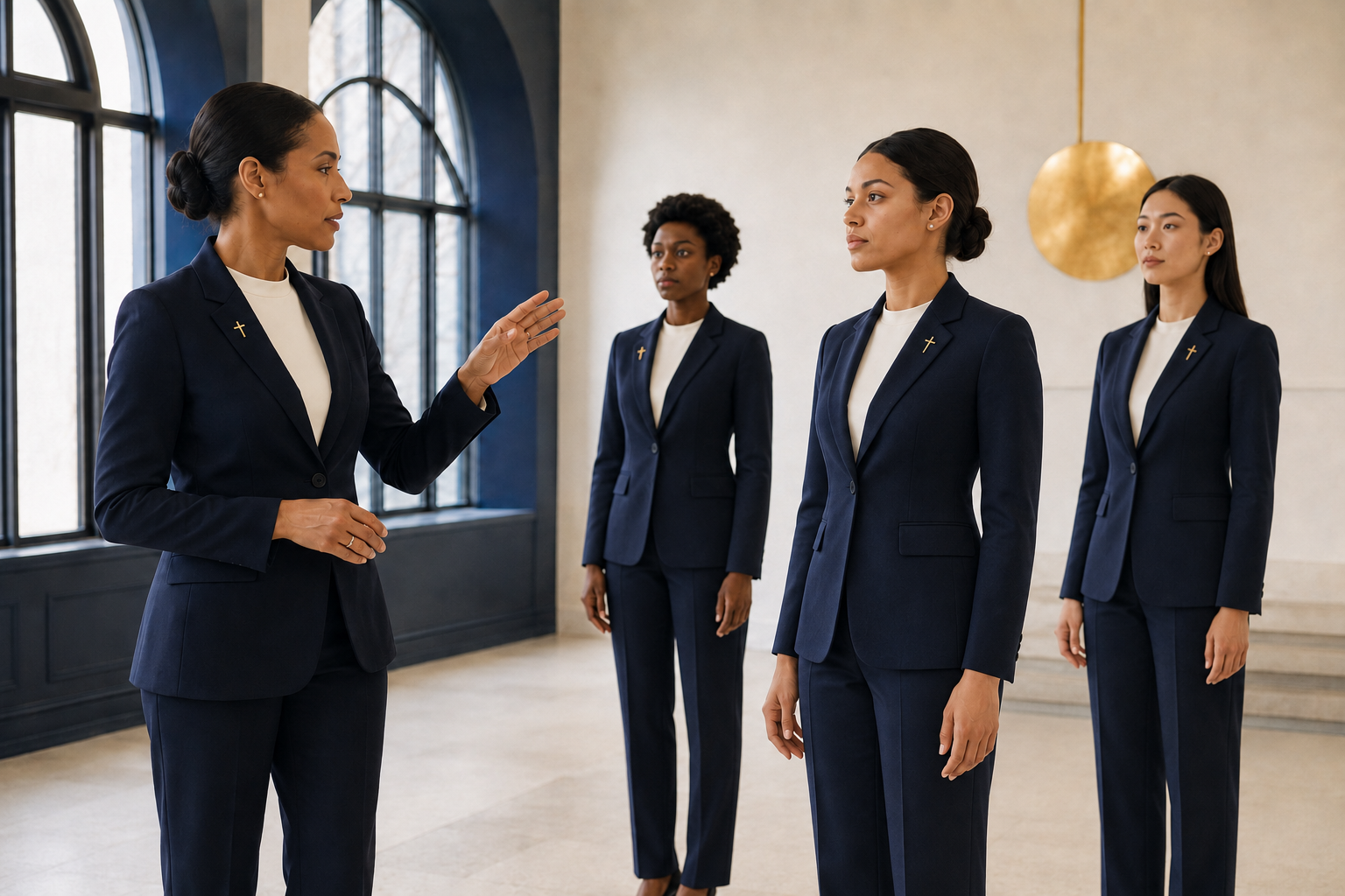 Female trainer guiding female models during a professional formation session